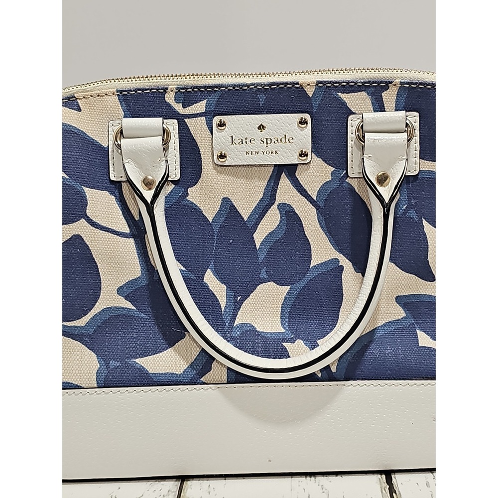 Kate Spade Wellesley Rachelle Leaves Dome Satchel Handbag Navy Blue White Canvas - Picture 3 of 13